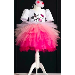 Yağmur Kostütüm Kuromi & Hello Kitty Temalı Kız Çocuk Beyaz Doğum Günü Elbisesi ve Parti Kostümü (Taç Hediyeli)