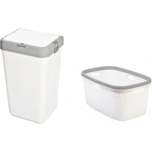 Motek Tekli 40 lt Kirli Çamaşır Sepeti+Çamaşır Selesi İkili Set, Çeyiz Seti Gri+Beyaz