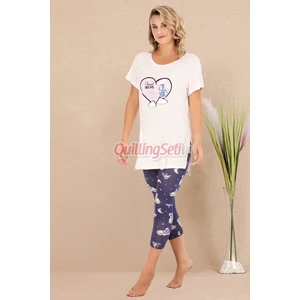 Lacivert - Beyaz Renk ve Desenli Pamuklu Kadınların Tercihi Lady 12069 Kapri ve Taytlı Pijama Takımı