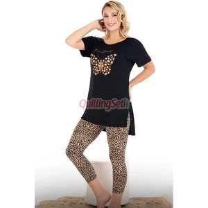 Siyah Renk ve Leopar Desenli Pamuklu Kadınların Tercihi Lady 12073 Kapri ve Taytlı Pijama Takımı