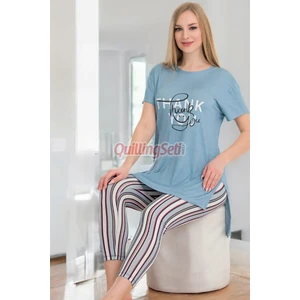 Açık Mavi Renk ve Çizgili Pamuklu Kadınların Tercihi Lady 12049 Kapri ve Taytlı Pijama Takımı