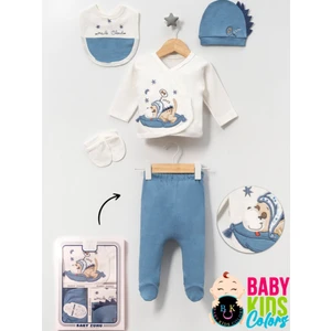 Kutulu - Erkek Yenidoğan Kıyafetleri 5'li Hastane Çıkış Setleri Sevimli Köpek Nakışlı %100 Pamuk