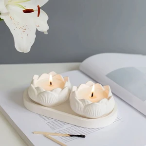 Bliss Beam Decoration 3'lü Dekoratif Lotus Mum ve Beyaz Tabak Seti