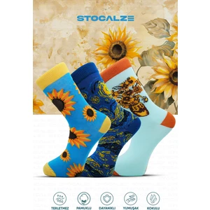 Unisex Pamuklu Soket Çorap. Karışık Renkli Vazo Çiçek ve Gece Desenli Soket Çorap. Sanat Temalı 5'li Soket Çorap Seti