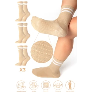 Bambu Kadın Kaydırmaz Taban Silikon Baskı Pilates Yoga Fitness Dans Aktivite Tenis Çorabı 3'lü Paket