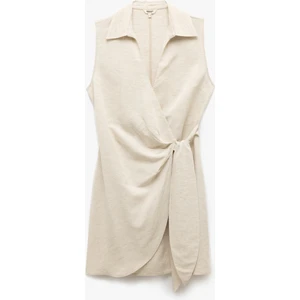 Bağlama Detaylı Kolsuz Mini Kruvaze Keten Karışımlı Gömlek Elbise