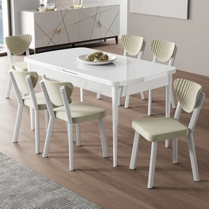 Exve Serisi 80 x 132 Açılabilir Beyaz Masa Takımı ve 6 Krem Sandalye