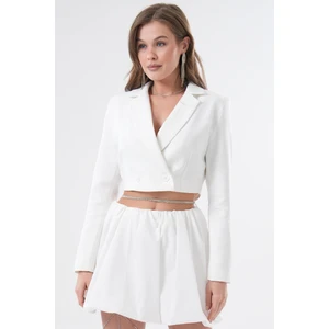 Beyaz Kruvaze Crop Blazer Ceket