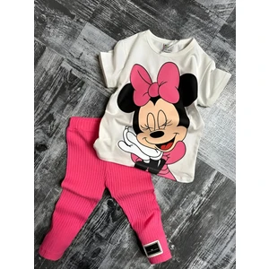Minnie Mouse Çiçekli Fitilli Yüksek Kalite Bebek Çocuk Kız Kapri Tayt Takım