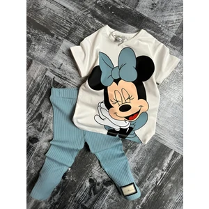 Minnie Mouse Çiçekli Fitilli Yüksek Kalite Bebek Çocuk Kız Kapri Tayt Takım