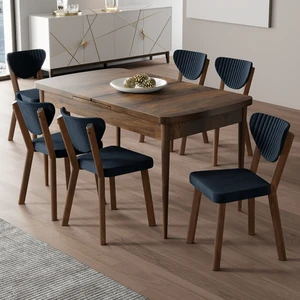 Exve Serisi 80 x 132 Açılabilir Barok Ahşap Desen Masa Takımı ve 6 Antrasit Sandalye