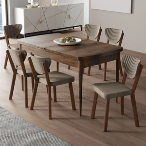 Exve Serisi 80 x 132 Açılabilir Barok Ahşap Desen Masa Takımı ve 6 Cappucino Sandalye