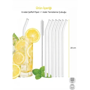 Cengiz Çeyiz Straw 6'lı Şeffaf Cam Eğimli Isıya Dayanıklı Pipet ve 1 Adet Pipet Temizleme Fırçası  PER15959