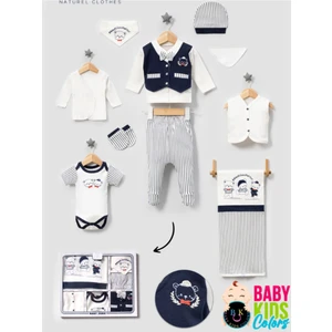 Baby Kids Colors Kutulu - Erkek Yenidoğan Kıyafetleri 10'lu Hastane Çıkış Setleri Papyonlu Ayıcık Nakışlı Pamuk