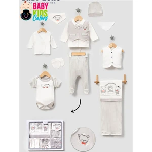 Baby Kids Colors Kutulu - Erkek Yenidoğan Kıyafetleri 10'lu Hastane Çıkış Setleri Papyonlu Ayıcık Nakışlı Pamuk