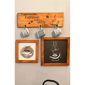 Wooden Factory Ikili Orijinal Ahşap Çerçeve ve Fincan Asma Duvar Dekoru, Kahve Köşesi