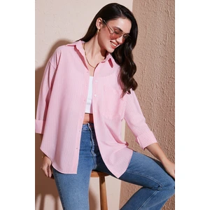 Regular Fit Uzun Kollu Cepli Çizgili Gömlek Kadın Gömlek 6772895