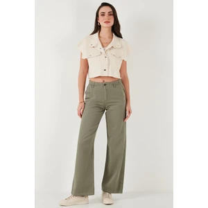 Pamuklu Standart Fit Yüksek Bel Geniş Paça Pantolon Bayan Pantolon 668YP5344