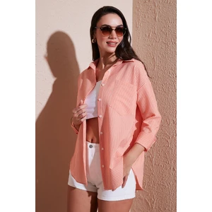 Regular Fit Uzun Kollu Cepli Çizgili Gömlek Kadın Gömlek 6772895