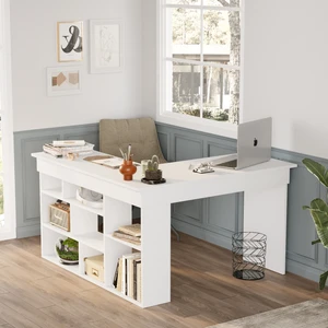 Robin Home Martin Kitaplık Raflı Çalışma Masası L Ofis Masası Beyaz (Raflar Solda)