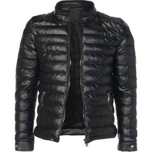 Erkek Siyah Slim Fit Içi Kalın Kürklü Su Itici Şişme Deri Ceket & Mont