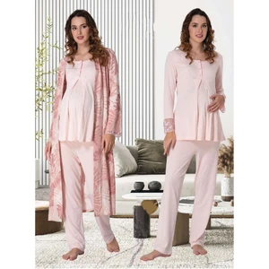 Dvina Effortt Lohusa Desenli Sabahlıklı Pijama Takımı Pembe - 9044