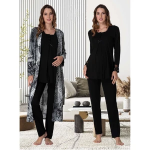 Dvina Effortt Lohusa Desenli Sabahlıklı Pijama Takımı Siyah - 9044