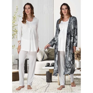 Dvina Effortt Lohusa Desenli Sabahlıklı Pijama Takımı Ekru - 9044