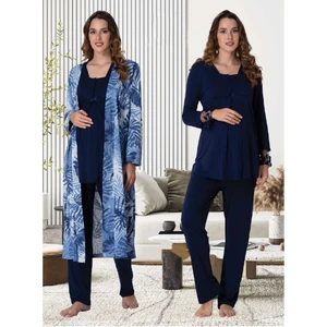 Dvina Effortt Lohusa Desenli Sabahlıklı Pijama Takımı Lacivert - 9044