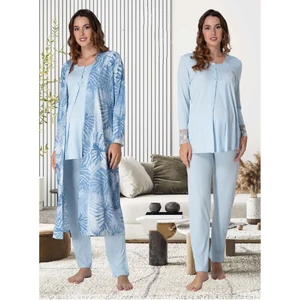 Dvina Effortt Lohusa Desenli Sabahlıklı Pijama Takımı Mavi - 9044