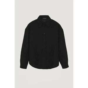 Ince Çizgili Düğmeli Oversize Gömlek Siyah