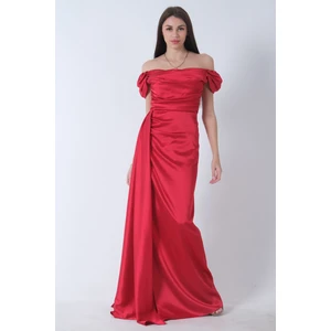 Kırmızı Drape Detaylı Saten Kumaş Abiye Elbise 9704858.08