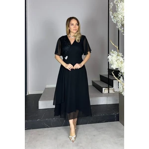 Ges Moda G1291 Dantel ve Broş Detaylı Abiye Şifon Elbise Siyah