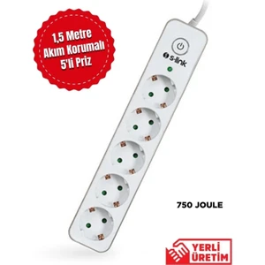 S-link Swapp SPGIP05 1.5m 750 Joule Gümüş/Beyaz 5Li  Akım Korumalı Priz Çoklayıcı
