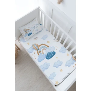 Tuğba Kuğu Bebek Boy Lastikli Çarşaf Seti - Iconic Serisi - Mavi Bulutlar ve Balon