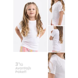 Kız Çocuk Pamuklu Yuvarlak Yaka Fanila Tişört 3'lü Paket 4444* Beyaz