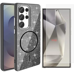 Samsung Galaxy S25 Ultra Kılıf Magsafe Şarj Özellikli Parlayan Simli Zore Okso Kapak + Nano Ekran Koruyucu