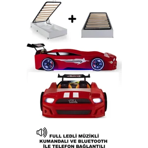 Bazalı Kırmızı Arabalı Yatak Mst Full Ledli Kumandalı ve Müzikli