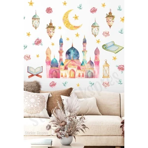 Sticker Ekspres Renkli Suluboya Cami Fenerler ve Çiçekler Duvar Cam Kapı Sticker Seti / Ramazan Süsleri