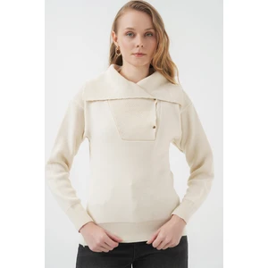 15921 Geniş Yaka Triko Kazak - Krem