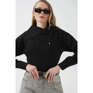 15921 Geniş Yaka Triko Kazak - Siyah