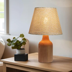 Krem Ahşap Abajur Hasır Desenli Modern Şık Yatak Odası Salon Masa Lambası