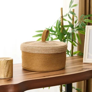 Living Mustard Büyük Kapaklı Örgü Sepet - Hardal / Bej - 21X11 cm