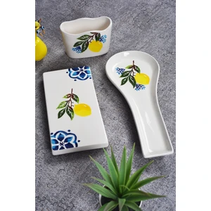 Piatti Naturali 3’lü Mutfak Seti Limon Desen Kaşıklık Kaşık Altlığı Süngerlik Yağdanlık Altı