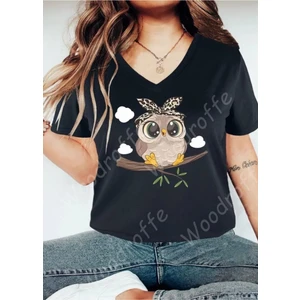 Kadın V Yaka Siyah Hayvan Dostu Baskılı T-Shirt Salaş Rahat Kesim Boyfirend