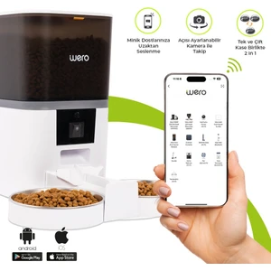 1080P Çift/Tek Kaseli Mama Kabı, Ayarlanabilir Kamera, 6 Lt, WiFi Kontrol Kedi / Köpek Besleyici, Çift/Tek 2'si 1 Arada Paslanmaz Çelik Kaseli – Beyaz
