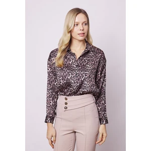 Kadın Desenli Likrasız Kumaş Yakalı Düşük Omuzlu Uzun Kol Gömlek-Leopar