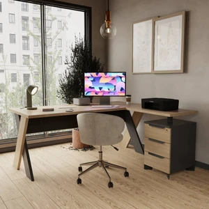 Çağın Ofis Mobilyaları Omix 140 cm Kesonlu L Çalışma Masası (Meşe-Budva/antrasit)