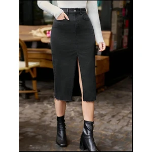 6106 Kadın Likralı Önden Yırtmaçlı Jeans Kot Denim Etek