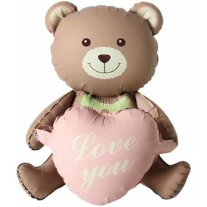 Patladı Gitti Love You Yazılı Retro Pembe Kalpli Kahverengi Oturan Ayı Folyo Balon